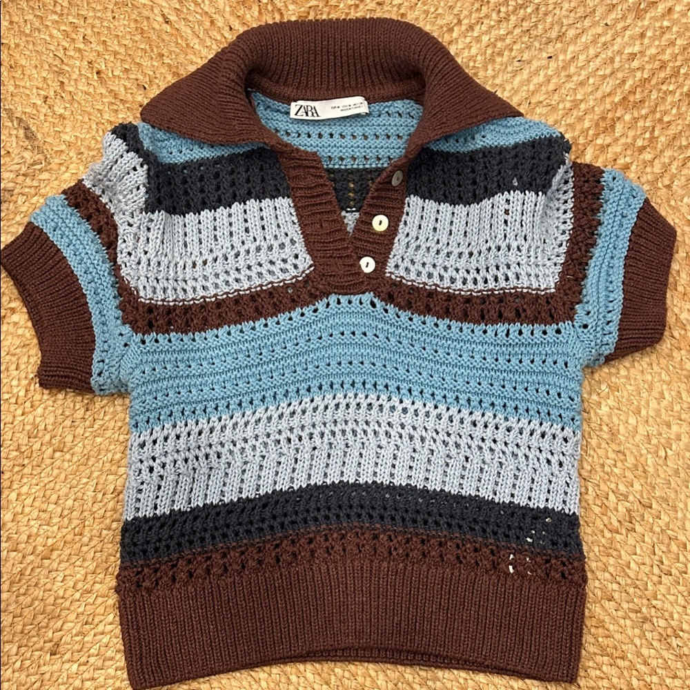 Zara Cropped Multicolor Knit Polo Sweater